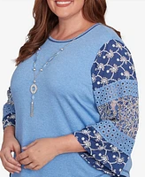 Alfred Dunner Plus Free Spirit Patchwork Sleeve Knit Top with Necklace