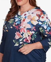 Alfred Dunner Plus Free Spirit Floral Knit Ruched Sleeve Top