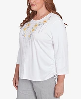 Alfred Dunner Plus Dress Code Linear Knit Floral Embroidered Crew Neck Top