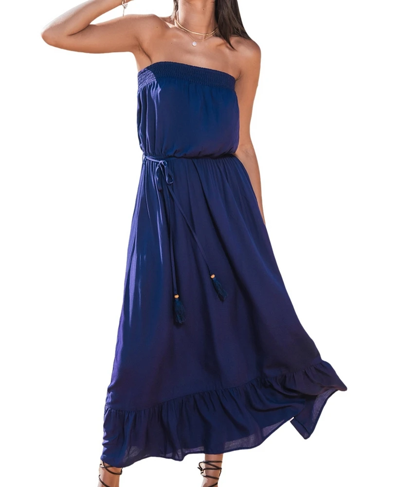 Women's Indigo Strapless Ruffled Hem Midi Beach Dress