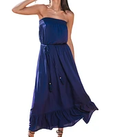 Women's Indigo Strapless Ruffled Hem Midi Beach Dress