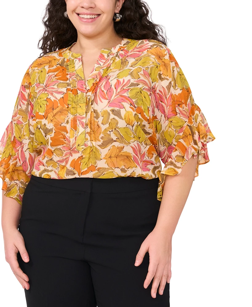 Vince Camuto Plus Floral-Print Ruffled-Sleeve Split-Neck Blouse