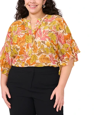 Vince Camuto Plus Floral-Print Ruffled-Sleeve Split-Neck Blouse