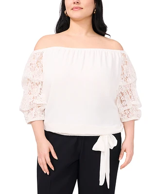 Vince Camuto Plus Off-The-Shoulder Lace Bubble-Sleeve Tie-Hem Blouse