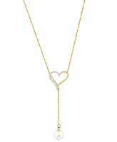Effy Cultured Freshwater Pearl (6-1/2mm) & Diamond (1/6 ct. t.w.) Heart 18" Lariat Necklace in 14k Gold