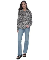 Dkny Jeans Womens Printed Roll Tab Shirt High Rise Released Hem Flare Jeans