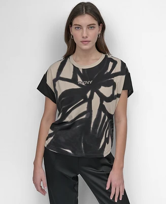 Dkny Women's Printed Crewneck Chiffon-Short-Sleeve Top