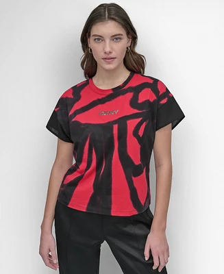 Dkny Women's Printed Crewneck Chiffon-Short-Sleeve Top