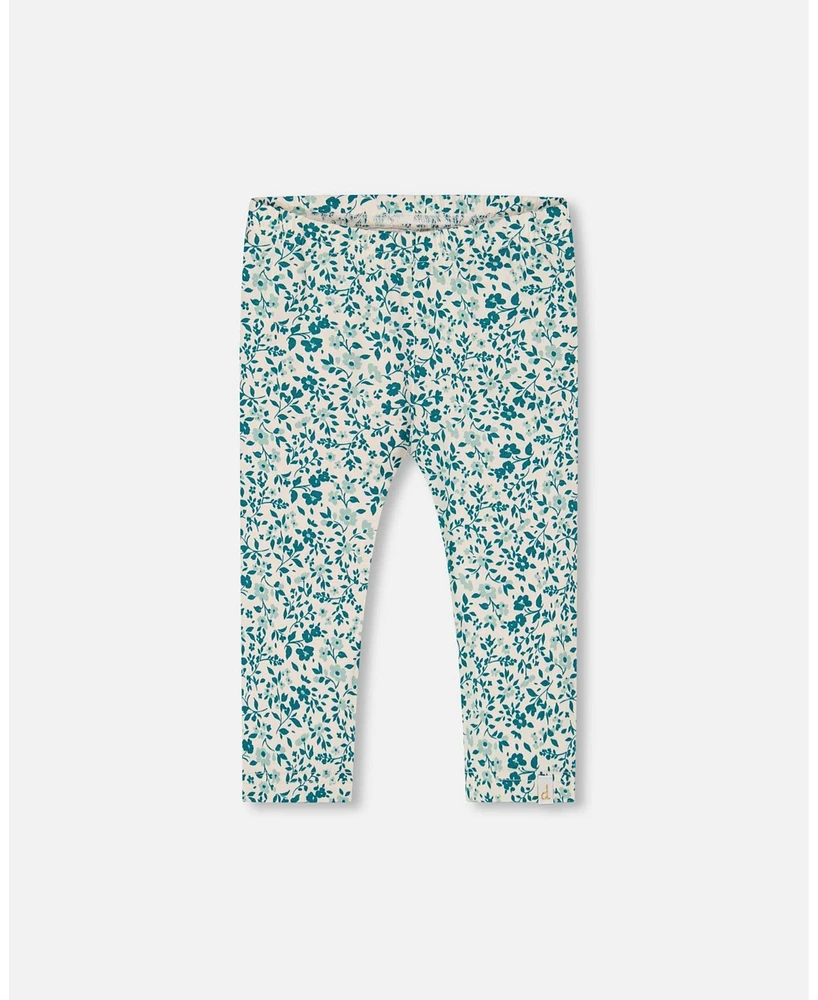 Deux par Toddler Girls Printed Organic Cotton Legging Small Turquoise Flowers - Toddler|Child