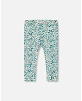 Deux par Toddler Girls Printed Organic Cotton Legging Small Turquoise Flowers - Toddler|Child