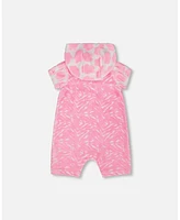 Deux par Baby Girls Printed Terry Romper With Hood Vibrant Pink And White