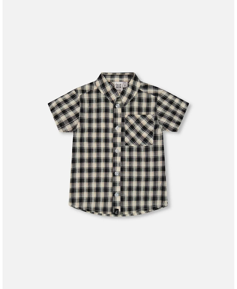 Deux par Big Boys Short Sleeve Button Down Shirt Black And Beige Plaid