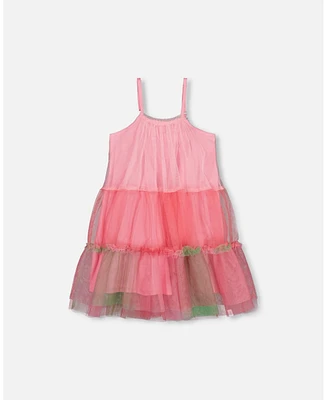 Deux par Big Girls Sleeveless Color Block Tulle Dress Pink And Green