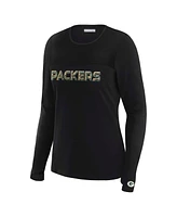 Wear by Erin Andrews x Gracie Hunt Women's Black Green Bay Packers Mesh Panel Long Sleeve T-Shirt