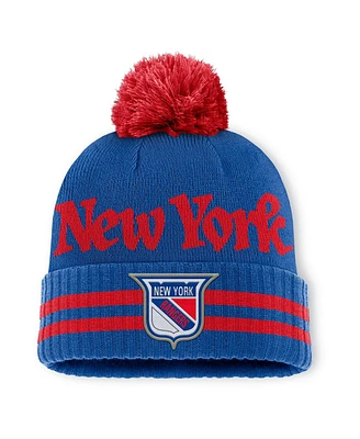 Fanatics Men's Blue/Red New York Rangers Heritage Blind Side Cuffed Knit Hat with Pom