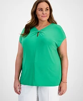 Kasper Plus Keyhole-Neck Pleated Top