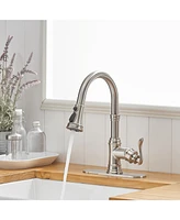 Single Handle 3 Spray High Arc Pull Down Sprayer Kitchen Faucet With Deck Plate in Brushed Nickel