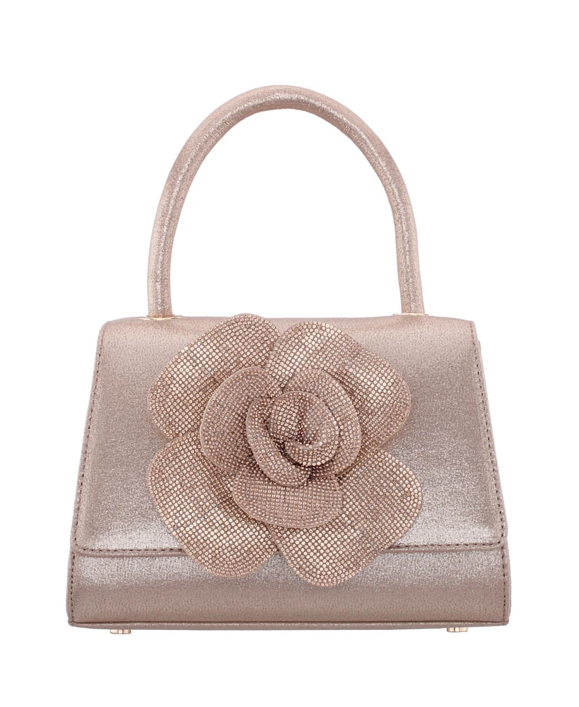 Nina Crystal Flower Embellished Metallic Satchel Bag