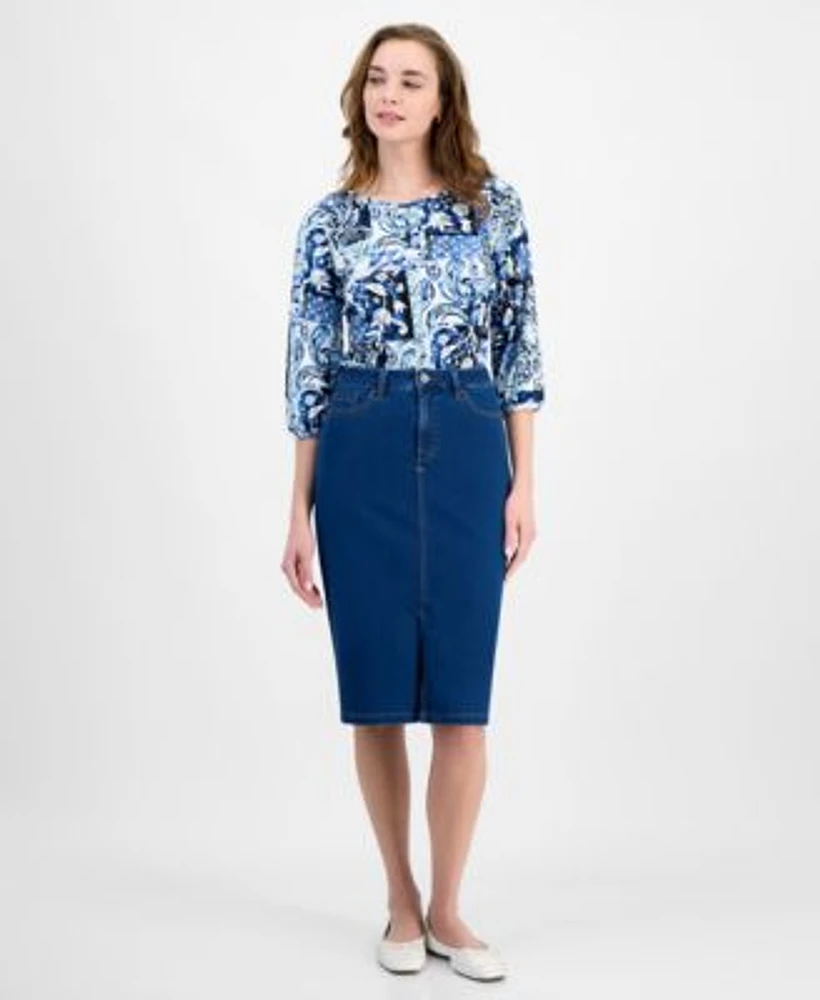 Jones New York Womens Printed 3 4 Sleeve Top Denim Pencil Skirt