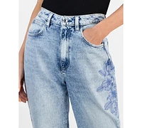 Guess Women's Flower-Trim High Rise Tapered-Leg Mom Jeans