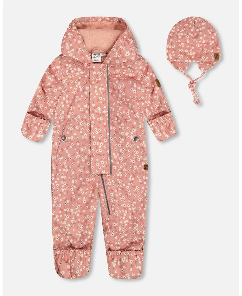 Deux par Baby Girls Printed Mid-Season One-Piece Outerwear With Hat Small White Flowers On Pale Pink