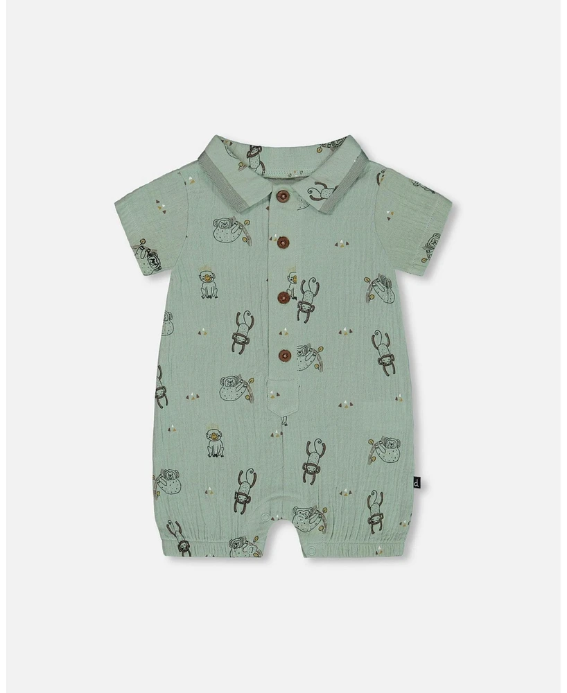 Deux par Baby Boys Printed Muslin Romper Sage Monkey