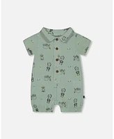 Deux par Baby Boys Printed Muslin Romper Sage Monkey