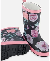 Deux par Little Girls Printed Rain Boots Pink, Black, And Flowers