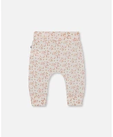 Deux par Baby Girls Cotton Pointelle Evolutive Pant Printed Pink And White Flowers