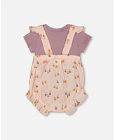 Deux par Baby Girls Printed Muslin Shortall And Cotton Onesie Set Peach With Pears