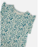 Deux par Toddler Girls Printed Cotton Tunic Top Small Turquoise Flowers - Toddler|Child