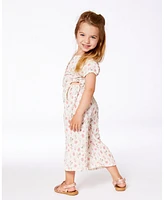 Deux par Big Girls Printed Seersucker Jumpsuit With Cut Outs Pink Flowers On Cream Background