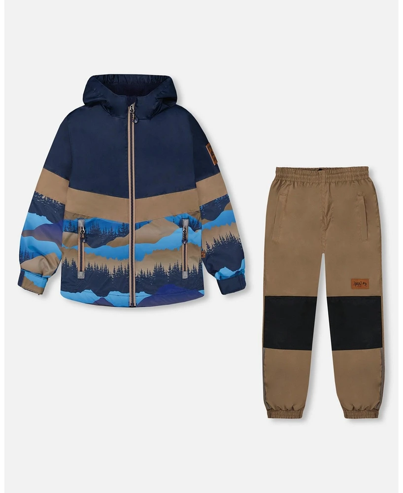 Deux par Big Boys Colorblock Printed Two-Piece Mid-Season Outerwear Set Navy Blue Mountains And Taupe