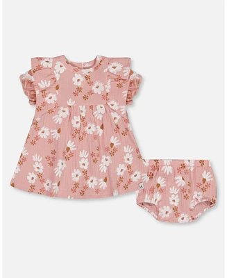 Deux par Baby Girls Printed Muslin Dress And Bloomer Set Pink White Flowers