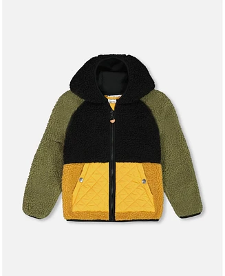 Deux par Big Boys Sherpa Mid-Season Colorblock Jacket Black, Tan, And Olive Green