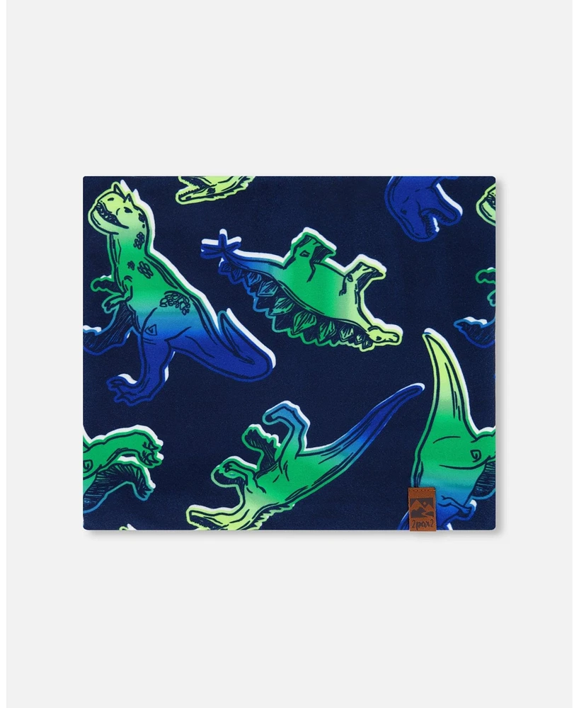 Deux par Deux Baby Boys Printed Neck Tube Blue And Green Dino On Navy