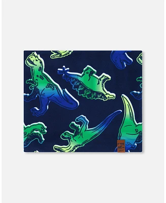 Deux par Deux Baby Boys Printed Neck Tube Blue And Green Dino On Navy