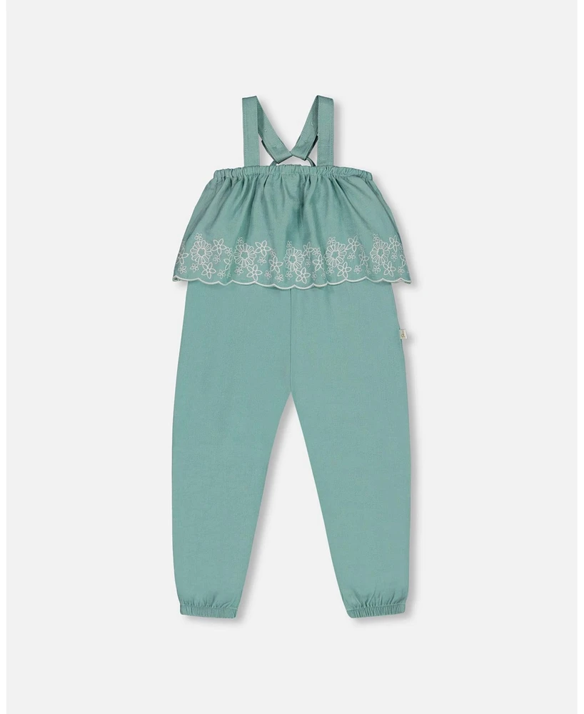 Deux par Big Girls Chambray Jumpsuit With Embroidery Light Blue