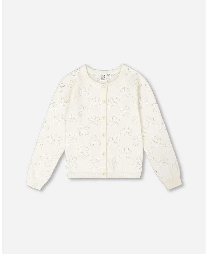 Deux par Deux Big Girls Pointelle Knit Cardigan Sweater White