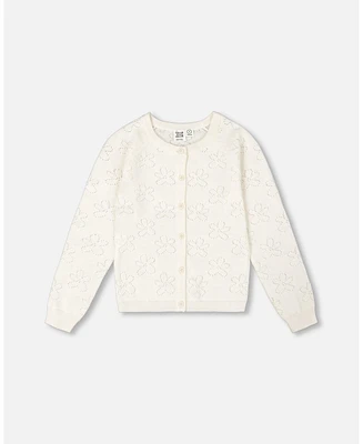 Deux par Deux Big Girls Pointelle Knit Cardigan Sweater White