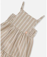 Deux par Toddler Girls Sleeveless Linen Dress White And Sage Striped - Toddler|Child