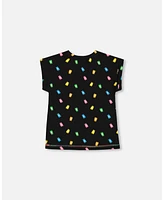 Deux par Big Girls Rolled Sleeve Tee With Print Black And Multicolored Gummies