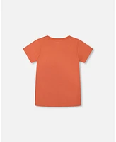 Deux par Big Boys Organic Cotton Graphic Tee Orange And Navy Dino