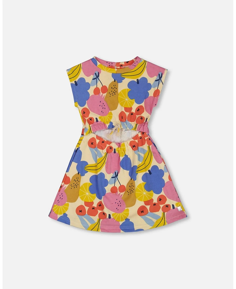 Deux par Big Girls Printed French Terry Dress Fruits On Yellow Background