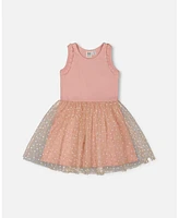 Deux par Toddler Girls Bi-Material Dress With Printed Dots On Mesh Skirt Warm Old Pink - Toddler|Child