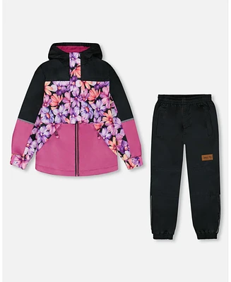 Deux par Toddler Girls Two-Piece Mid-Season Outerwear Set Black With Pink And Orange Flowers - Toddler|Child