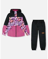 Deux par Toddler Girls Two-Piece Mid-Season Outerwear Set Black With Pink And Orange Flowers - Toddler|Child