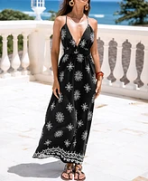 Women's Black Boho Print Plunging Maxi Beach Dress