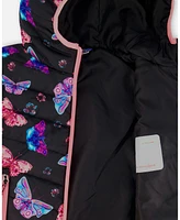 Deux par Big Girls Printed Quilted Mid-Season Jacket Multicolored Butterflies On Black Background