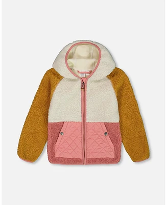 Deux par Toddler Girls Sherpa Mid-Season Colorblock Jacket Orange, Off-White, And Old Pink - Toddler|Child